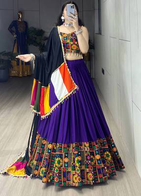 Purple Plain With Real Mirror Work Gamthi Design Patta on Border Navratri Lehenga Choli With Fully Stitched Blouse 1