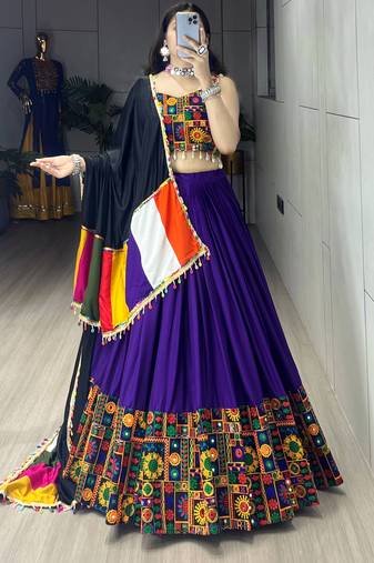 Purple Plain With Real Mirror Work Gamthi Design Patta on Border Navratri Lehenga Choli With Fully Stitched Blouse