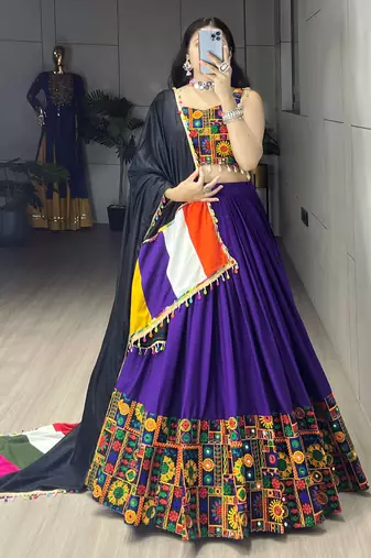 Purple Plain With Real Mirror Work Gamthi Design Patta on Border Navratri Lehenga Choli With Fully Stitched Blouse