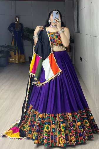 Purple Plain With Real Mirror Work Gamthi Design Patta on Border Navratri Lehenga Choli With Fully Stitched Blouse