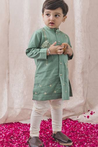 Green embroidered cotton  kurta pyjama