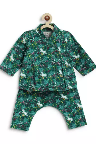 Green printed cotton  kurta pyjama