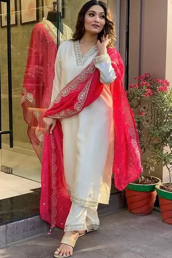 Cream embroidery chanderi silk designer kurta set with printed muslin dupatta for women