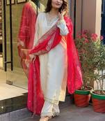 Cream embroidery chanderi silk designer kurta set with printed muslin dupatta for women