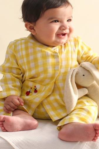 Yellow embroidered cotton  kurta pyjama