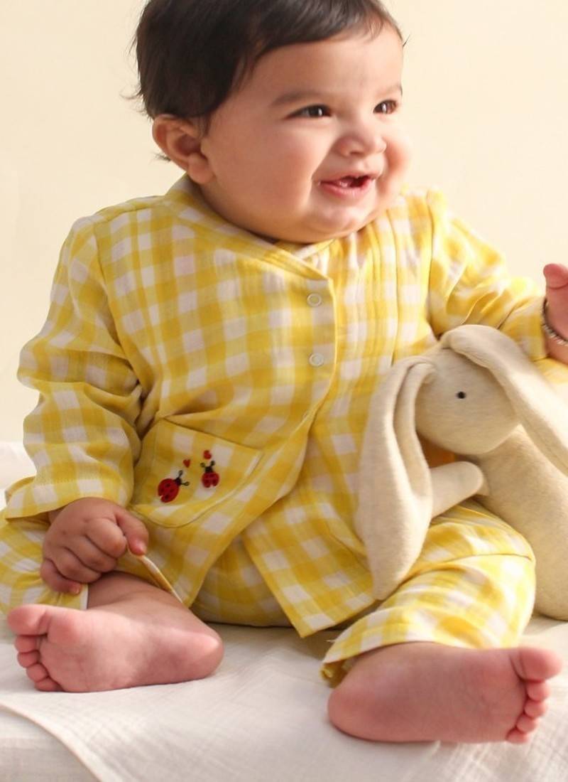 Yellow embroidered cotton  kurta pyjama