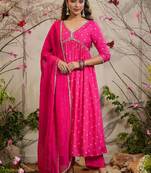 Pink floral embroidery muslin silk aaliya cut kurta set with organza dupatta for women