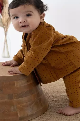 Yellow printed cotton  kurta pyjama