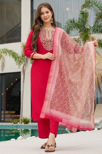 Women's Beautiful Rayon Slub Embroidery work Straight Kurta with Pant and Dupatta Set