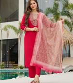 Women's Beautiful Rayon Slub Embroidery work Straight Kurta with Pant and Dupatta Set