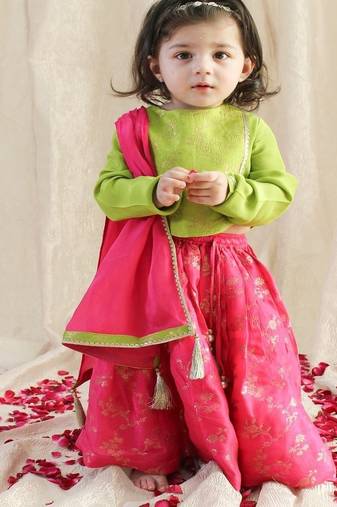 Pink & green embroidered viscose  lehenga