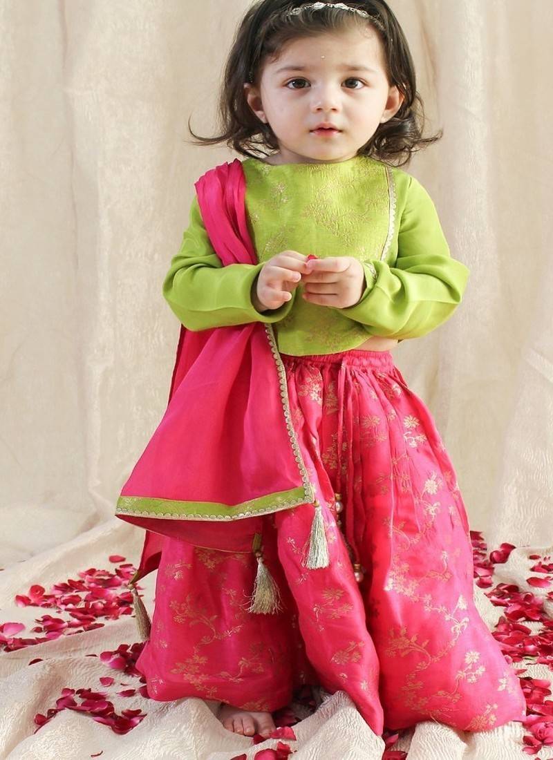 Pink & green embroidered viscose  lehenga