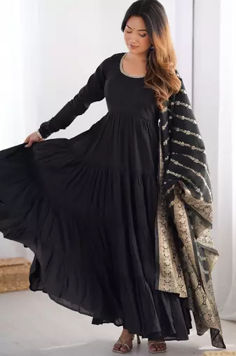 Black Flared Anarkali with Banarasi Dupatta