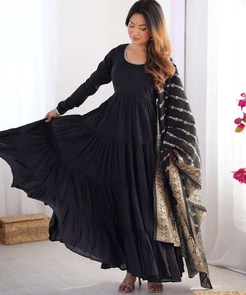 Black Flared Anarkali with Banarasi Dupatta
