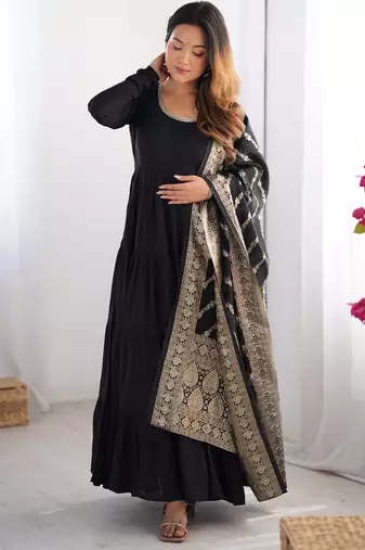 Black Flared Anarkali with Banarasi Dupatta