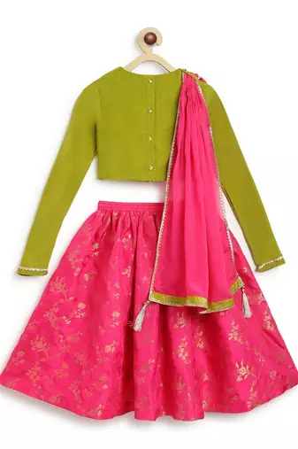 Pink & green embroidered viscose  lehenga