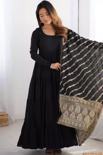 Black Flared Anarkali with Banarasi Dupatta