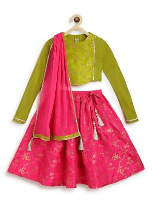 Pink & green embroidered viscose  lehenga 4