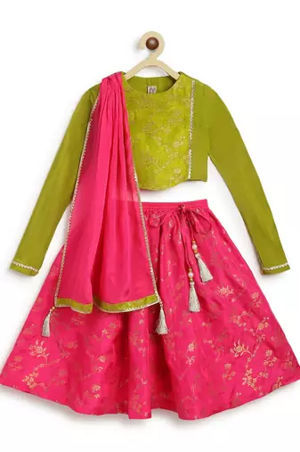 Pink & green embroidered viscose  lehenga
