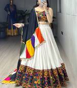 White Mirror Work Gamthi Design Navratri Lehenga With Fully Stitched Blouse