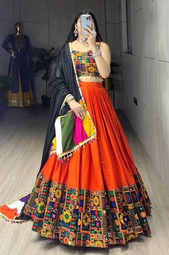 Orange Mirror Work Gamthi Design Navratri Lehenga With Fully Stitched Blouse