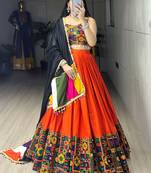 Orange Mirror Work Gamthi Design Navratri Lehenga With Fully Stitched Blouse