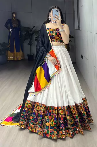 White Mirror Work Gamthi Design Navratri Lehenga With Fully Stitched Blouse