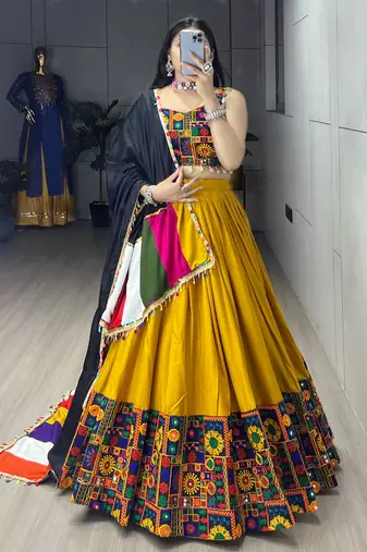 Mustard Mirror Work Gamthi Design Navratri Lehenga With Fully Stitched Blouse
