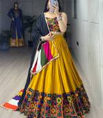 Mustard Mirror Work Gamthi Design Navratri Lehenga With Fully Stitched Blouse