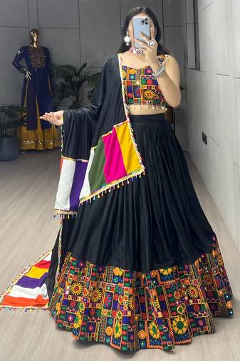 Black Mirror Work Gamthi Design Navratri Lehenga With Fully Stitched Blouse