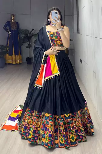 Black Mirror Work Gamthi Design Navratri Lehenga With Fully Stitched Blouse