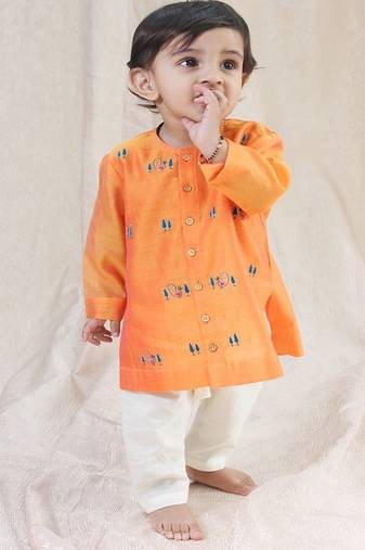 Orange embroidered chanderi  kurta pyjama