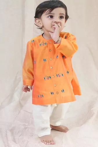Orange embroidered chanderi  kurta pyjama