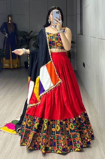 Red Mirror Work Gamthi Design Navratri Lehenga With Fully Stitched Blouse
