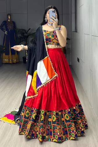 Red Mirror Work Gamthi Design Navratri Lehenga With Fully Stitched Blouse