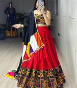 Red Mirror Work Gamthi Design Navratri Lehenga With Fully Stitched Blouse