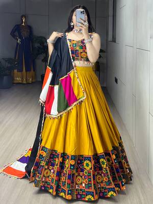 Mustard Mirror Work Gamthi Design Navratri Lehenga With Fully Stitched Blouse 3