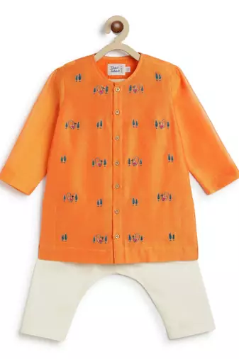 Orange embroidered chanderi  kurta pyjama