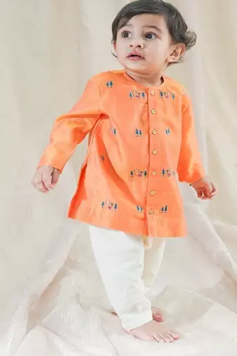 Orange embroidered chanderi  kurta pyjama