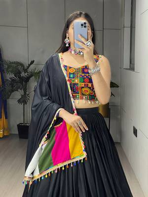 Black Mirror Work Gamthi Design Navratri Lehenga With Fully Stitched Blouse 4