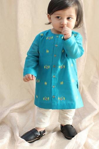 Blue embroidered chanderi  kurta pyjama