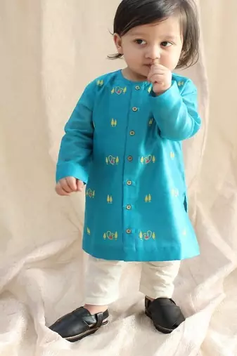 Blue embroidered chanderi  kurta pyjama
