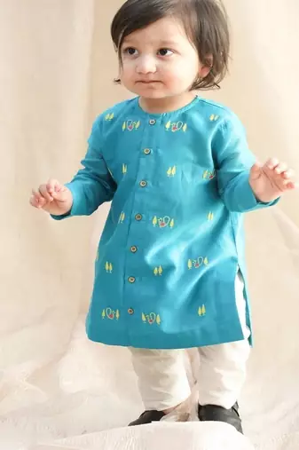 Blue embroidered chanderi  kurta pyjama