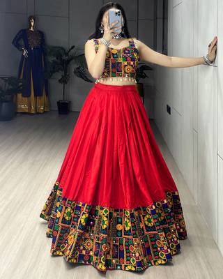 Red Mirror Work Gamthi Design Navratri Lehenga With Fully Stitched Blouse 3