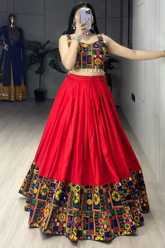 Red Mirror Work Gamthi Design Navratri Lehenga With Fully Stitched Blouse