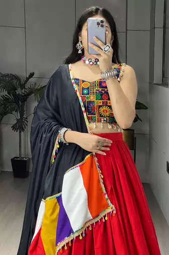 Red Mirror Work Gamthi Design Navratri Lehenga With Fully Stitched Blouse
