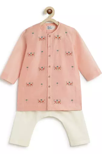 Pink embroidered chanderi  kurta pyjama