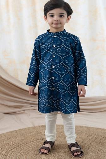 Blue printed cotton  kurta pyjama