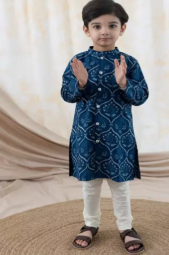 Blue printed cotton  kurta pyjama
