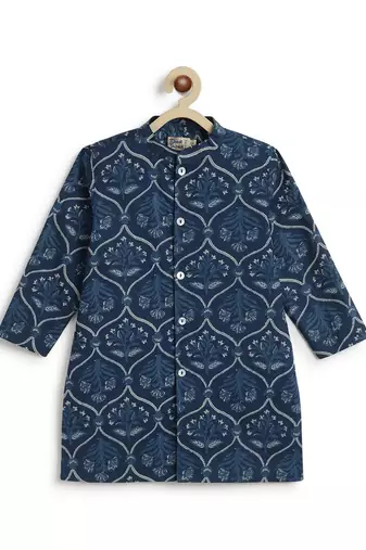 Blue printed cotton  kurta pyjama